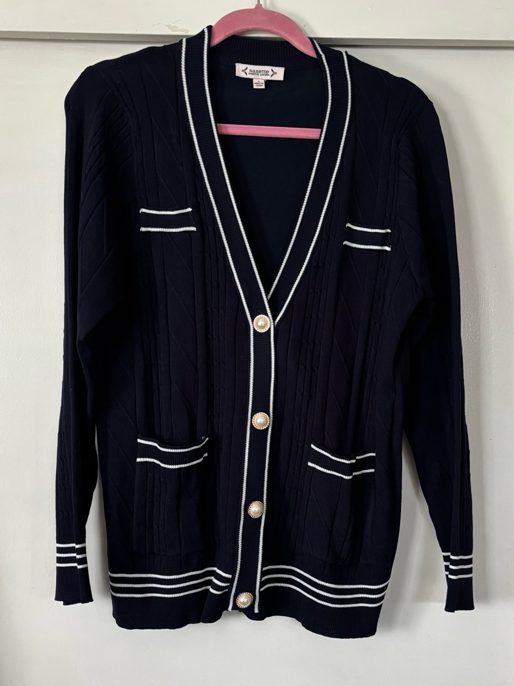 Nanette Lepore Navy Cardigan with White Trim and Pearl Buttons Women’s Large